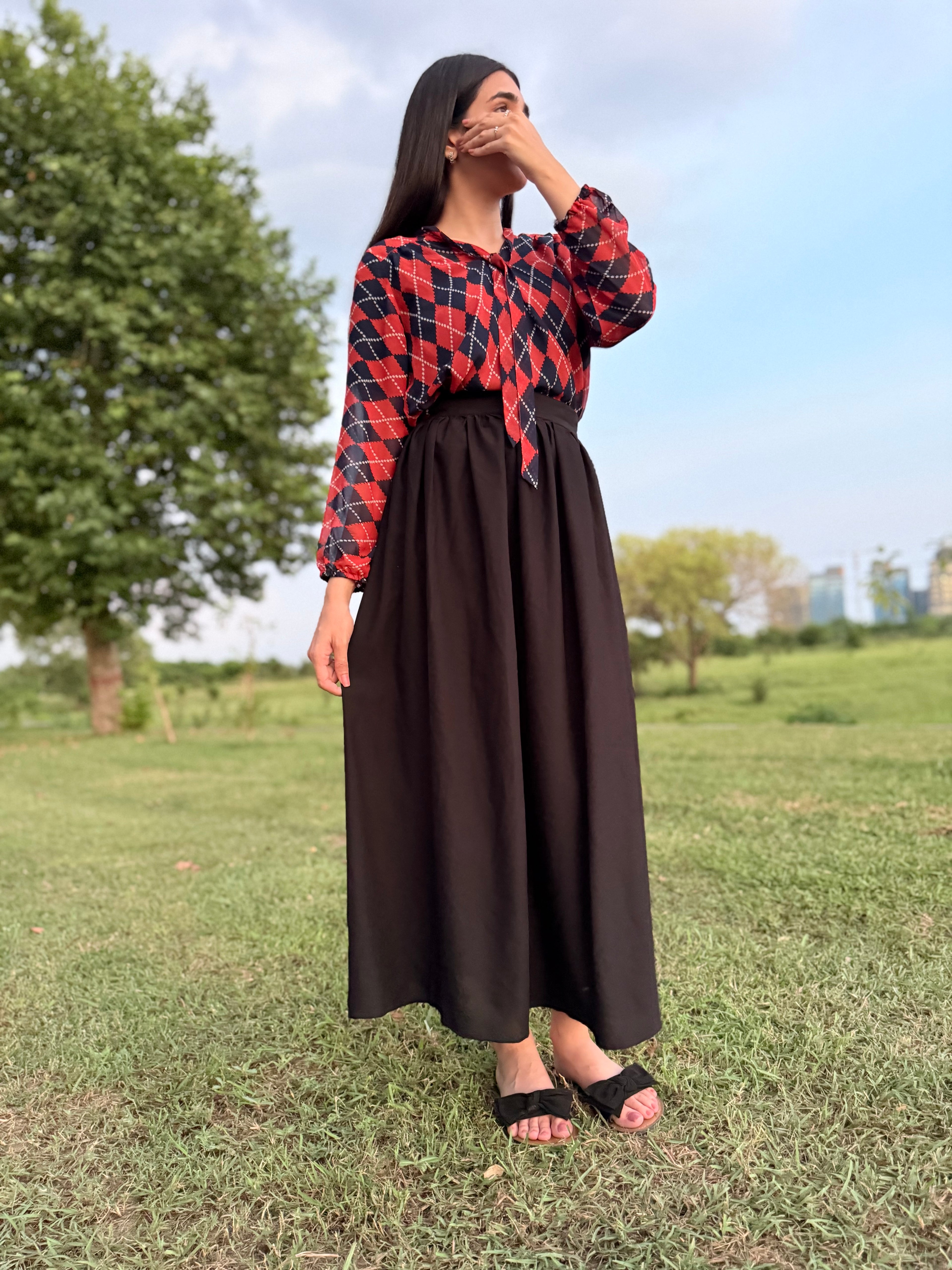 Black Skirt with Printed Shirt