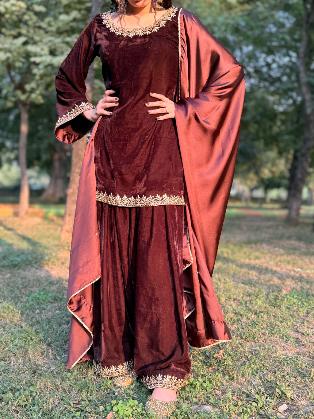 Brown velvet formal wear