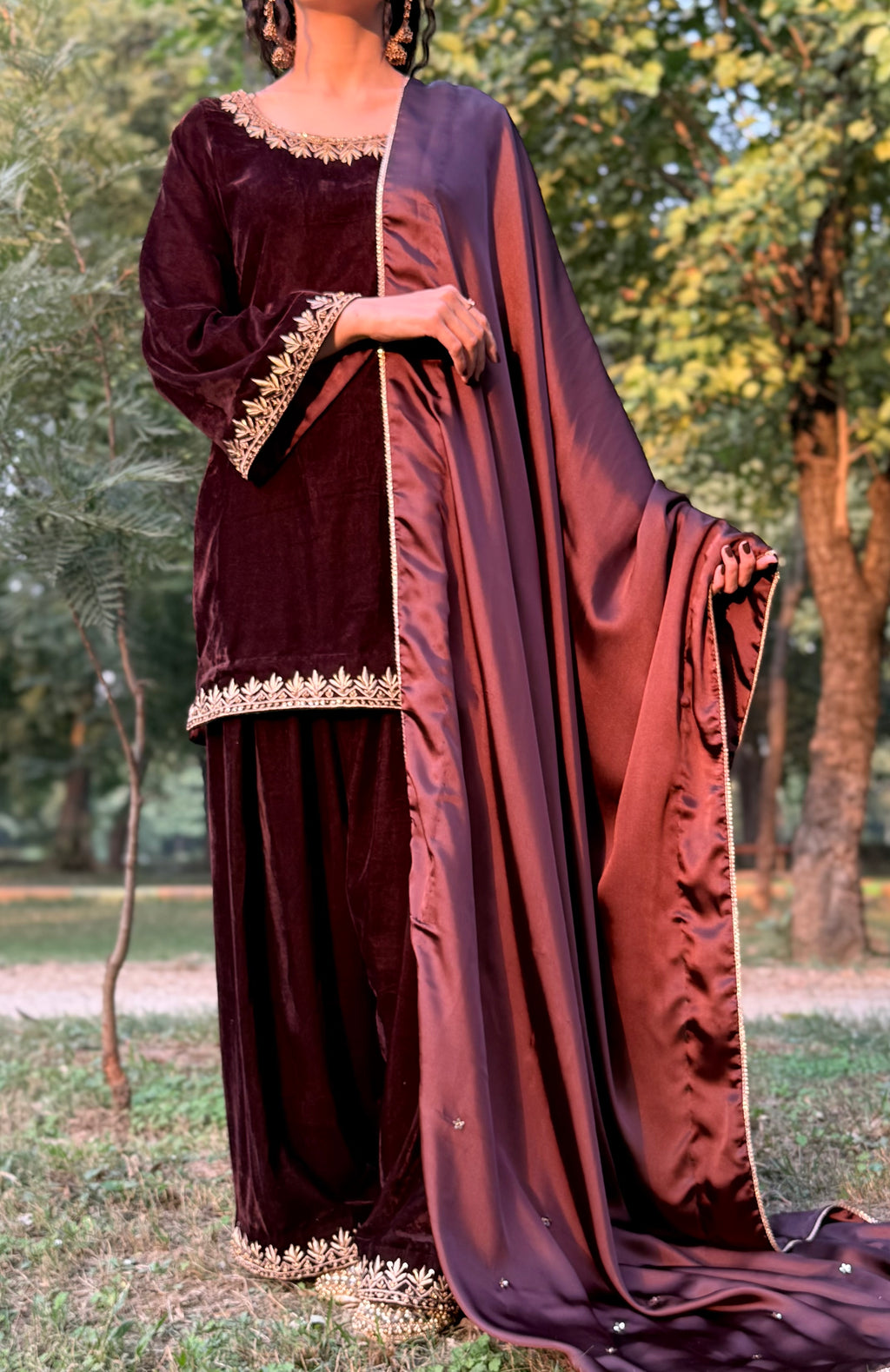 Brown velvet formal wear