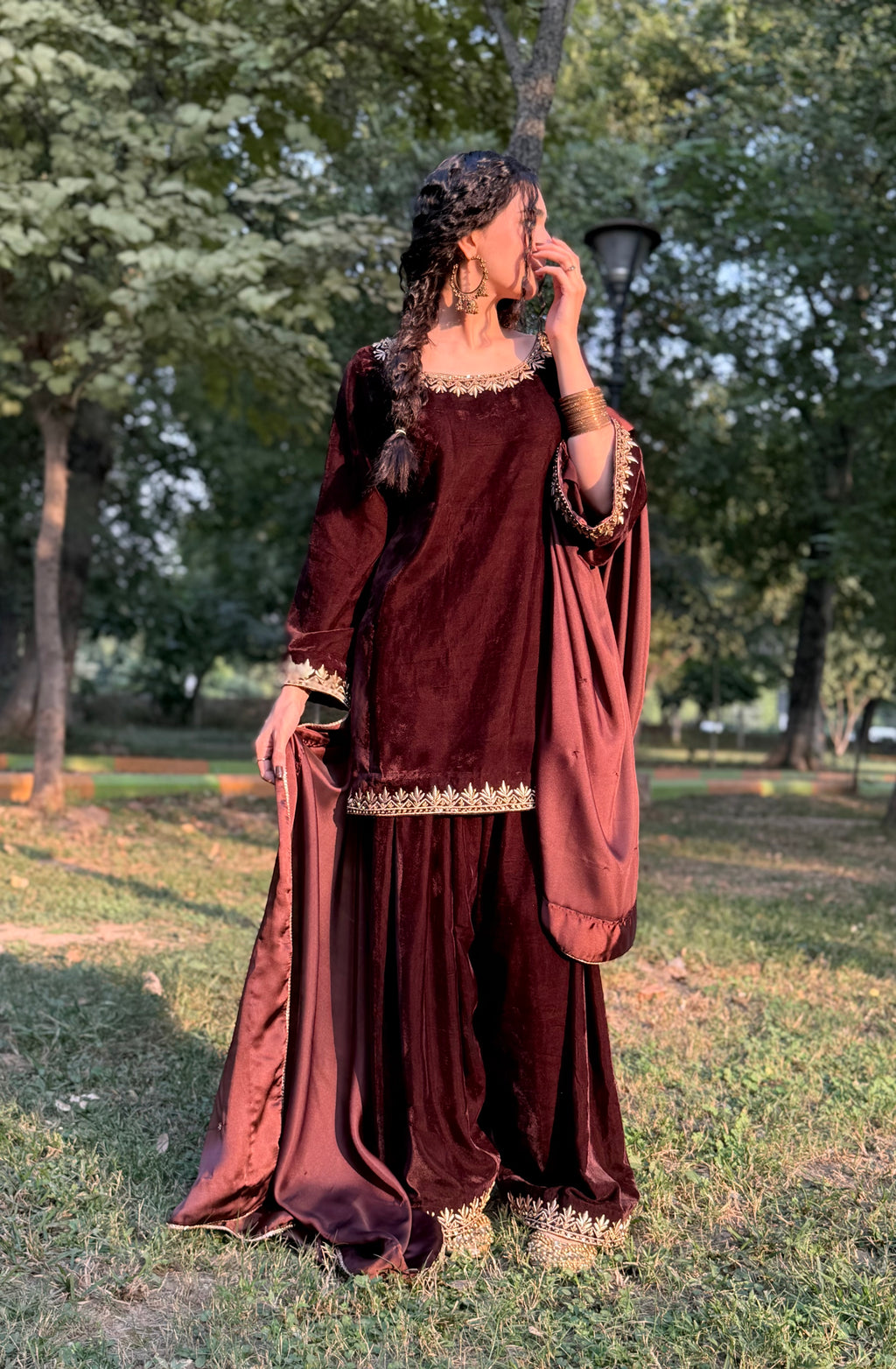 Brown velvet formal wear