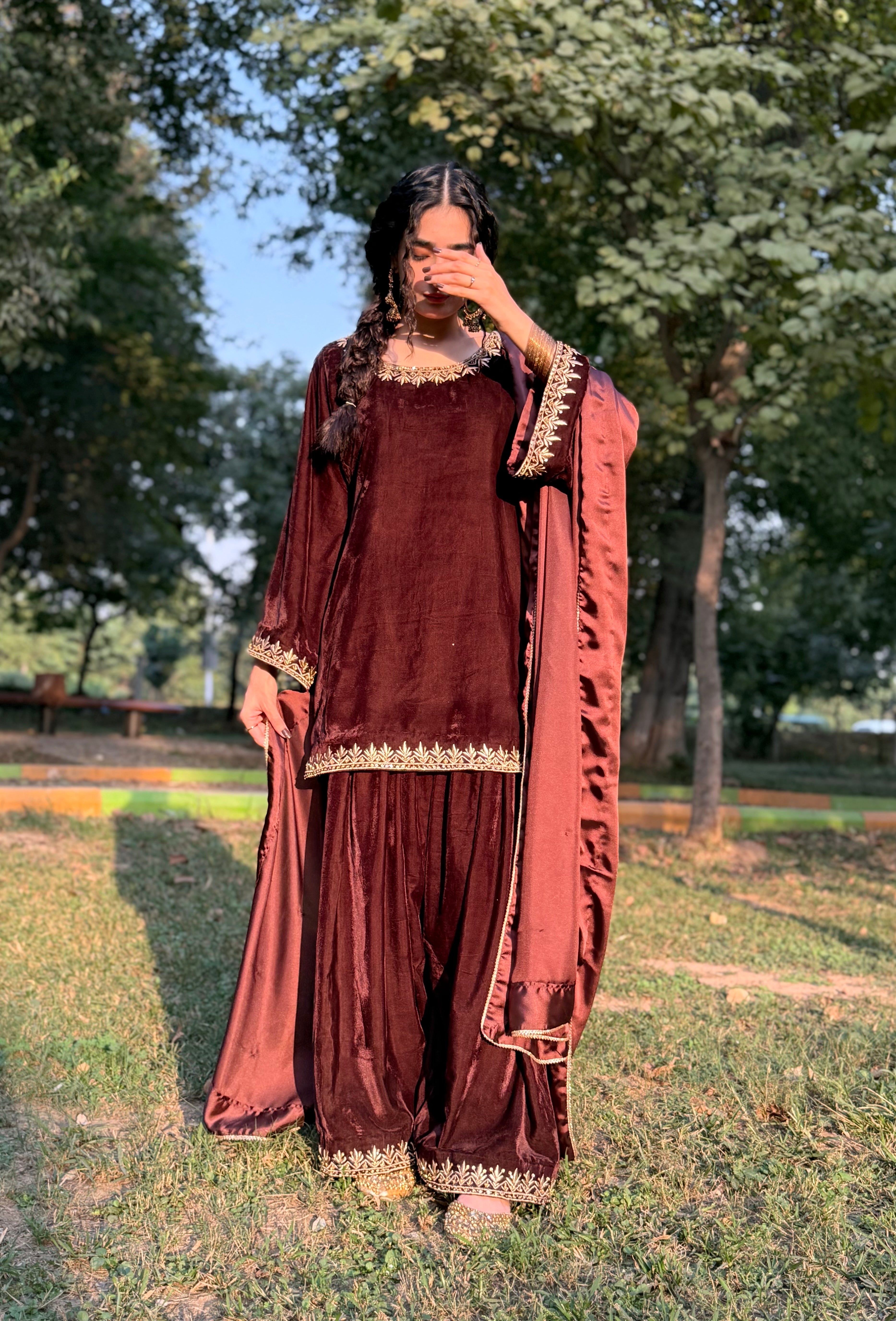 Brown velvet formal wear