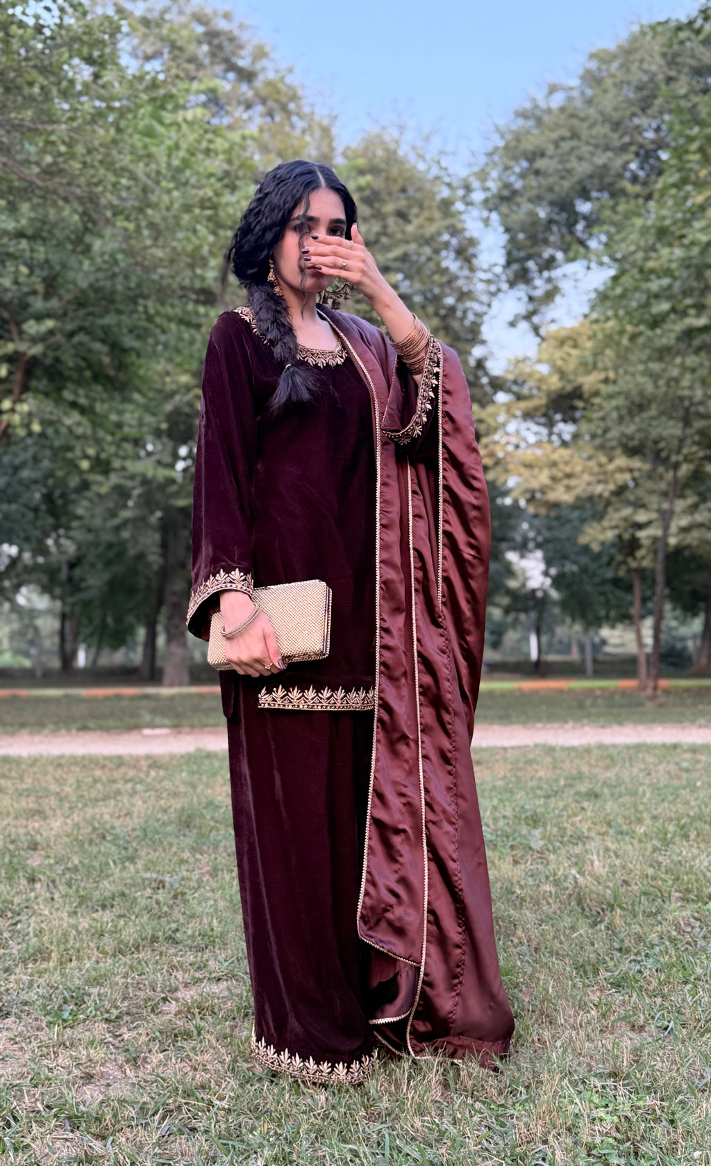 Brown velvet formal wear