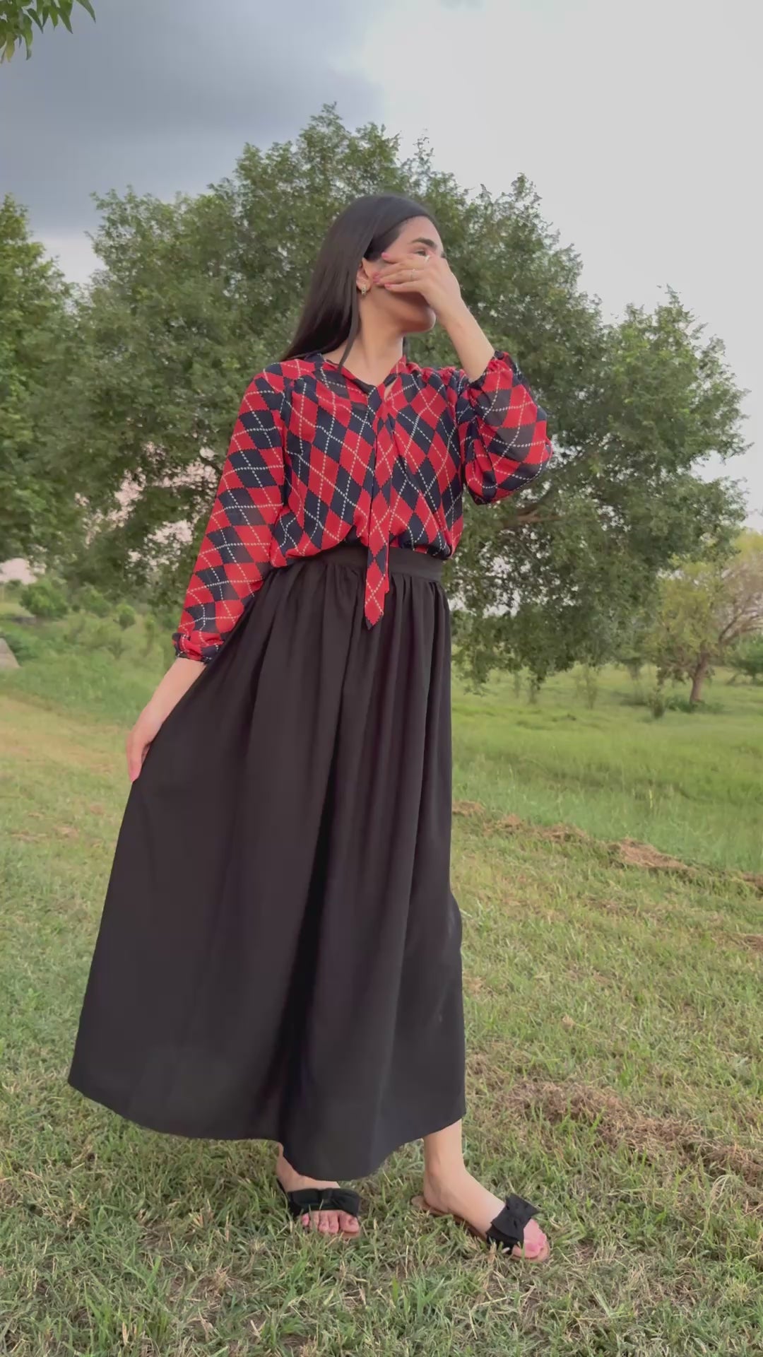 Black Skirt with Printed Shirt